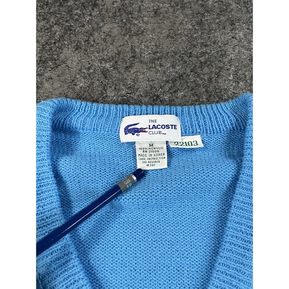 Vintage 70s Lacoste Sweater Mens Medium Blue Purple Geometric Print V Neck Gator - Picture 4 of 8